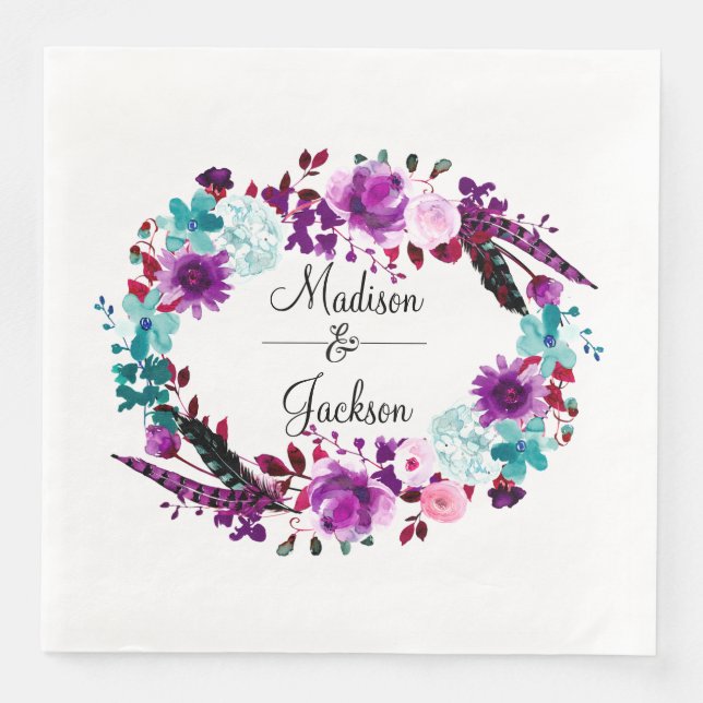 Boho Chic Floral Wreath Purple Wedding Monogram Napkin (Front)