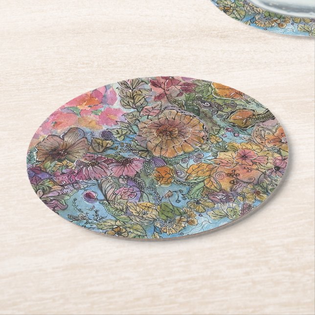 Boho Chic Flower Garden Watercolor Painting  Round Paper Coaster (Angled)