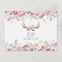 Boho Chic Flowers Deer Antlers Rustic Wedding RSVP