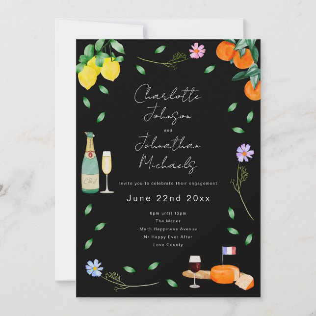 Boho Chic French Wine and Cheese Engagement Party Invitation (Front)