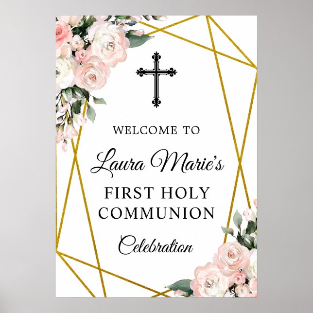 Boho Chic Geometric Florals Communion Welcome Poster (Front)