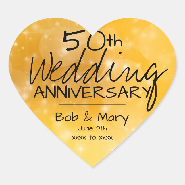 Boho Chic Gold and Black 50th Wedding Anniversary Heart Sticker (Front)