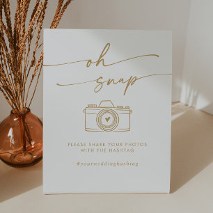 Boho Chic Gold and White Oh Snap Wedding Hashtag Pedestal Sign