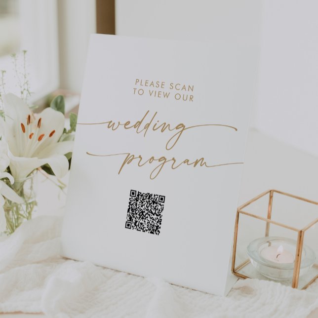 Boho Chic Gold and White QR Code Wedding Program Pedestal Sign (Creator Uploaded)