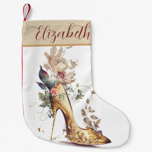 Boho Chic Gold High Heal Shoe Floral Personalized Small Christmas Stocking