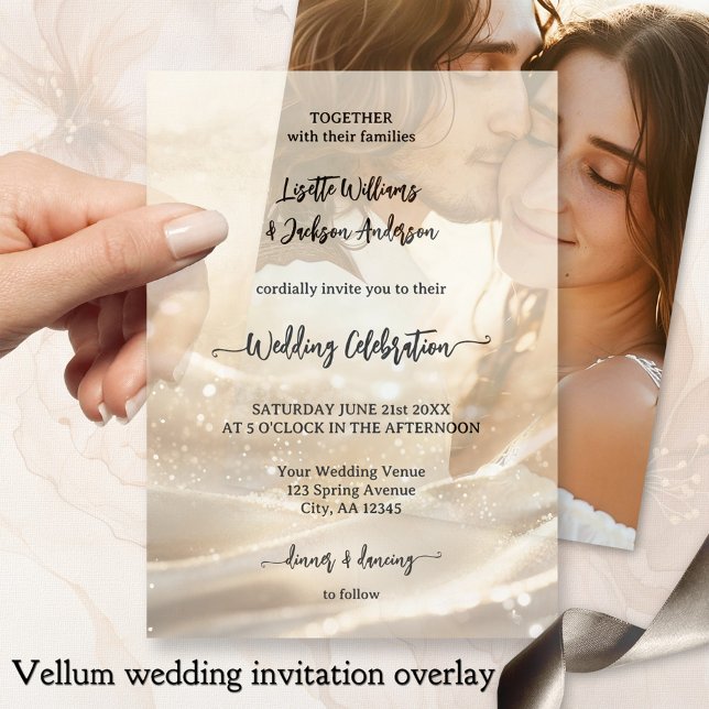 Boho Chic Gold Sparkling Elegant Wedding Vellum Invitations (Elegant boho chic vellum wedding invitation featuring an abstract gold sparkle design)