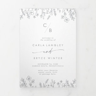 Boho Chic Gray Wildflower Monogram Wedding Tri-Fold Programme