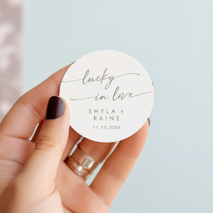 Boho Chic Green and White Lucky In Love Favour Classic Round Sticker