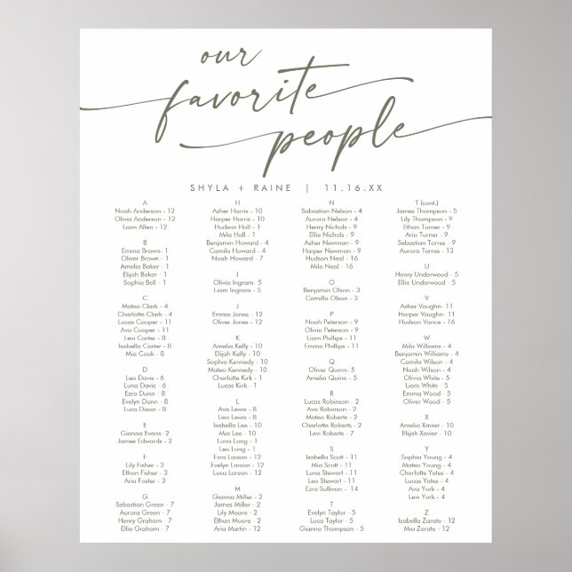 Boho Chic Green and White Printable Seating Chart (Front)