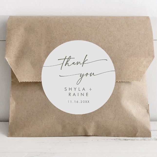 Boho Chic Green and White Thank You Wedding Favour Classic Round Sticker (Creator Uploaded)