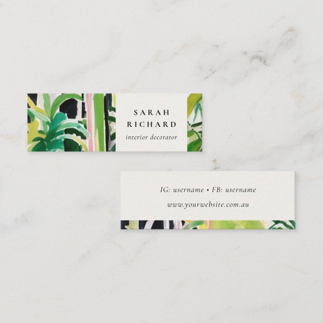 Boho Chic Green Tropical Leafy Foliage Botanical Mini Business Card (Front/Back)