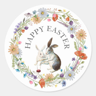 Boho Chic Happy Easter Bunnies Spring Wildflowers Classic Round Sticker