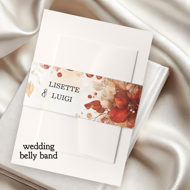 Boho Chic Italian Red Floral Wedding Invitation Belly Band (Elegant boho chic wedding invitation belly band showing a watercolor painting of Italian red flowers)