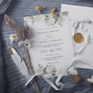 Boho Chic Ivory White Roses Floral QR Code Wedding Invitation