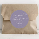 Boho Chic Lavender Purple A Sweet Thank You Favour Classic Round Sticker<br><div class="desc">This boho chic lavender purple a sweet thank you favour classic round sticker is perfect for a minimalist wedding. The colourful dusty purple modern bohemian design features simple rustic calligraphy with a unique yet classic style.

Personalize your favour stickers with your names and wedding date.</div>