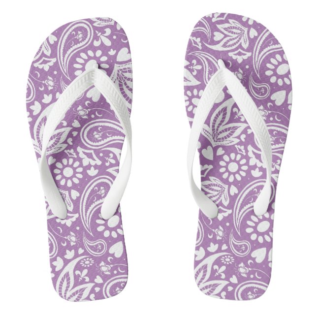 Boho Chic Lavender White Paisley Floral Patterned Flip Flops (Footbed)