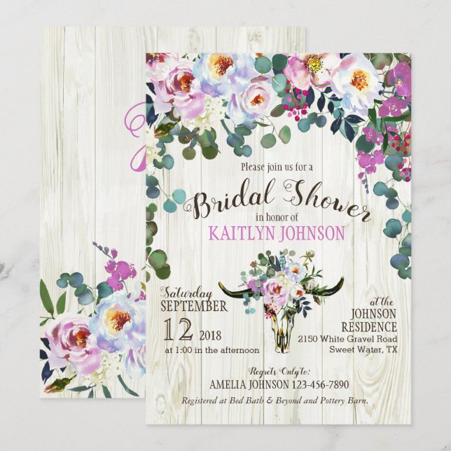 Boho Chic Longhorn Cow Skull Floral Bridal Shower Invitation (Front/Back)