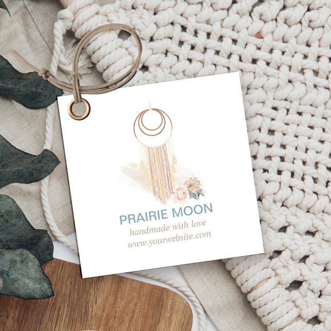 Boho Chic Macrame Watercolor Wall Hanging Tags (Boho boutique macrame wallhanging square gift tags or hang tags)