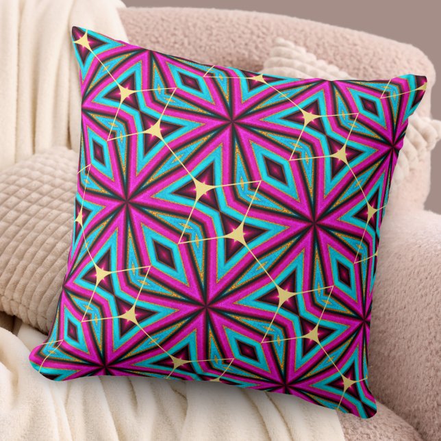 Boho Chic Magenta and Turquoise Patterned Cool Throw Pillow (A chic pillow in vibrant magenta, turquoise and faux gold colors, with geometric abstract design)