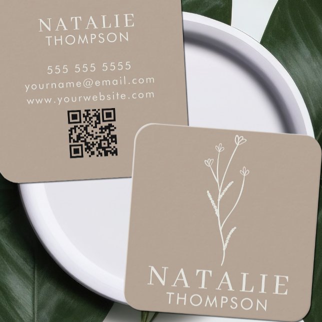 Boho Chic Minimalist Greige Flower QR Code Square Business Card (Creator Uploaded)