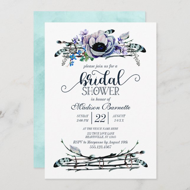Boho Chic Mint & Navy Bridal Shower Invitation (Front/Back)