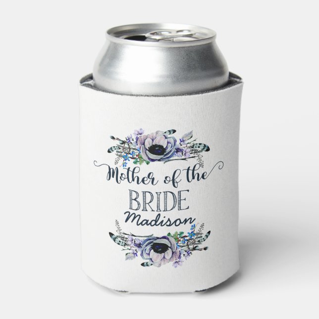 Boho Chic Mint & Navy Floral Mother of the Bride Can Cooler (Can Front)