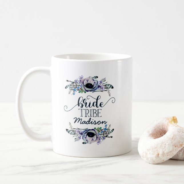 Boho Chic Mint & Navy Floral Wedding Bride Tribe Coffee Mug (With Donut)