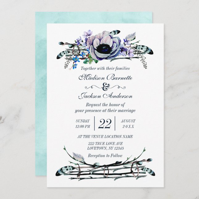 Boho Chic Mint & Navy Floral Wedding Invitation (Front/Back)
