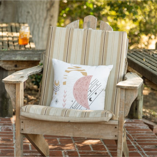 Boho chic moon line art decorative elements outdoor pillow (Chair)