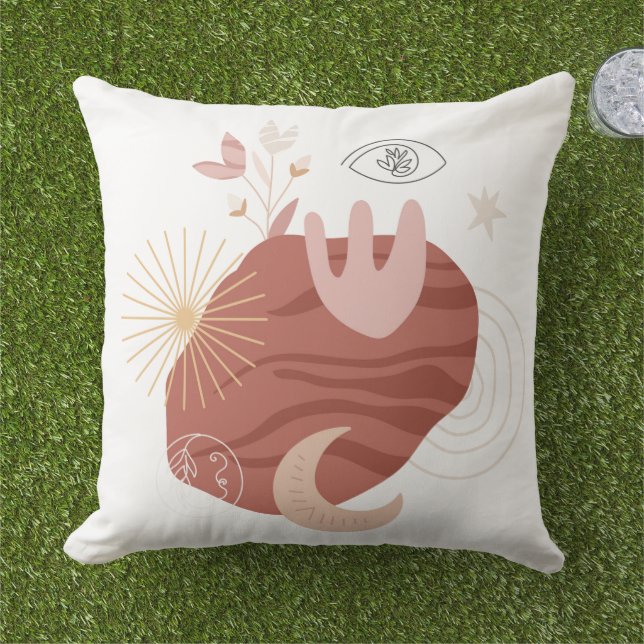 Boho chic moon line art flowers eye sunburst outdoor pillow (Grass)