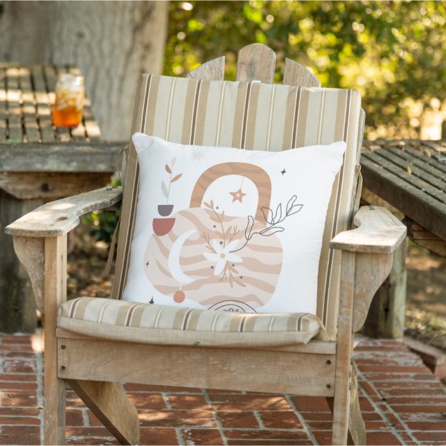 Boho chic moon line art flowers stars sunburst outdoor pillow (Chair)