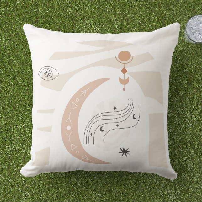 Boho chic moon stars rainbow eye line art  outdoor pillow (Grass)