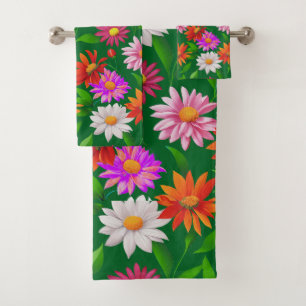 Boho Chic Multicolor Flowers with Leaves on Green Bath Towel Set