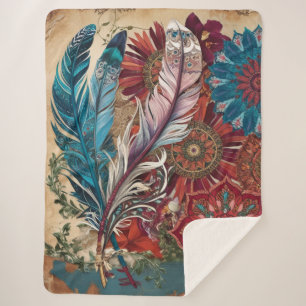 Boho Chic Mysterious Mandala Feather Sherpa Blanket