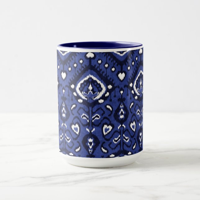 Boho chic navy blue and white ikat tribal patterns mug (Center)