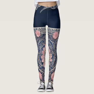 Boho chic navy & blush pink mandala floral AI art Leggings