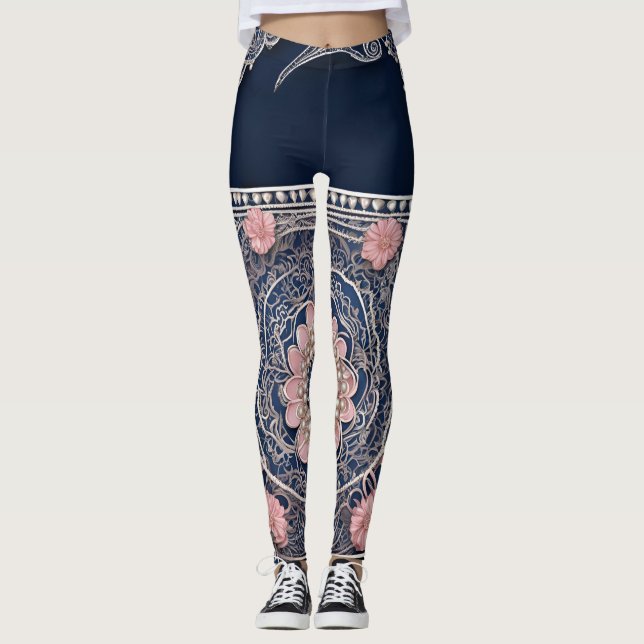 Boho chic navy & blush pink mandala floral AI art  Leggings (Front)