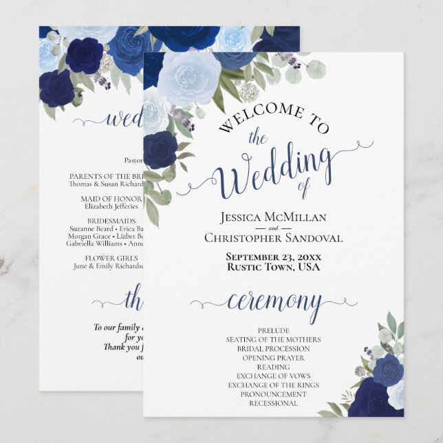 Boho Chic Navy & Dusty Blue Roses Elegant Wedding Program (Front/Back)