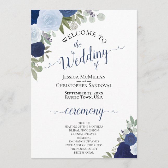 Boho Chic Navy & Dusty Blue Roses Elegant Wedding Program (Front)