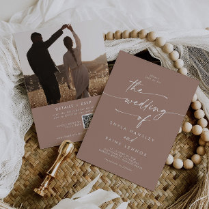 Boho Chic Neutral Taupe Photo QR Code Wedding Invitation