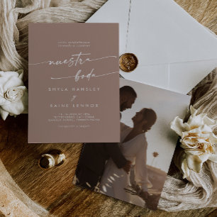 Boho Chic Neutral Taupe Photo Spanish Wedding Invitation
