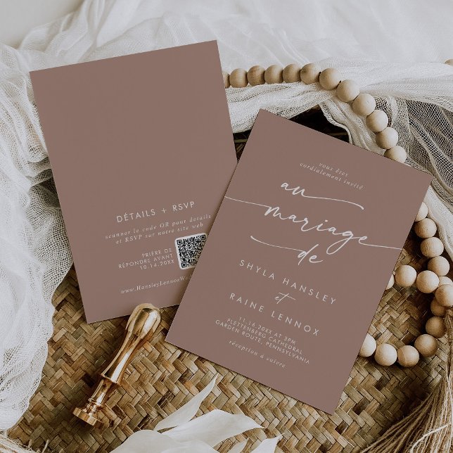 Boho Chic Neutral Taupe QR Code French Wedding Invitation (Creator Uploaded)