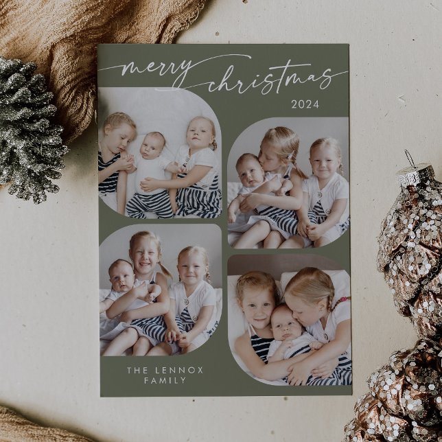 Boho Chic Olive Green Family Multi Photo Christmas Holiday Card (Creator Uploaded)