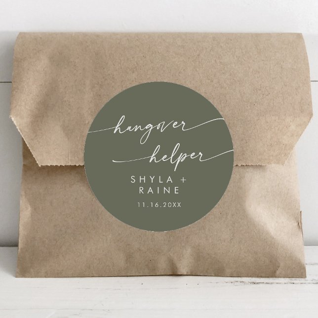 Boho Chic Olive Green Hangover Helper Favour Classic Round Sticker (Creator Uploaded)