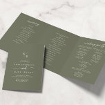 Boho Chic Olive Green Monogram Wedding Tri-Fold Programme<br><div class="desc">This boho chic olive green monogram wedding tri-fold program is perfect for a minimalist wedding. The woodsy dark green earth tone modern bohemian design features simple rustic calligraphy with a unique yet classic style. Personalize your wedding program with your initials, names, wedding date and location, your favourite quote or lyric,...</div>