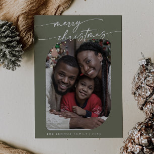 Boho Chic Olive Green Photo Cute Merry Christmas Holiday Card