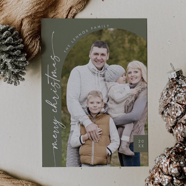 Boho Chic Olive Green Photo Modern Merry Christmas Holiday Card (Creator Uploaded)
