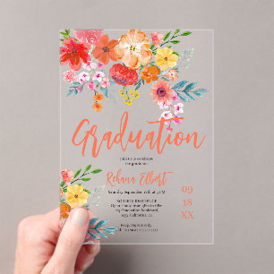 Boho Chic Orange Floral Graduation Photo  Acrylic Invitations