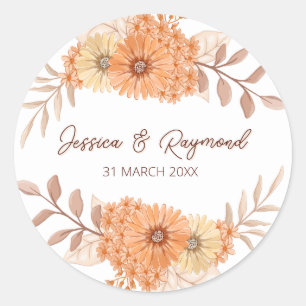 Boho Chic Orange Floral Wedding  Classic Round Sticker