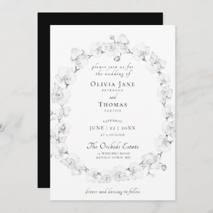 Boho Chic Orchid Floral Wreath Black White Wedding Invitation